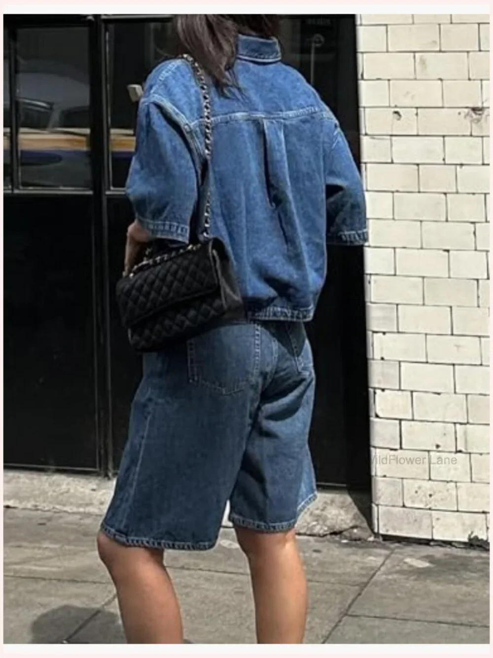 Women's Crop Denim Shirt Button Down Short Sleeve Oversized Jean Top - Picture 2 of 7
